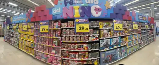 Día del Niño — ambientación comercial de juguetes y productos infantiles para destacar la temporada y facilitar el recorrido de compra.
